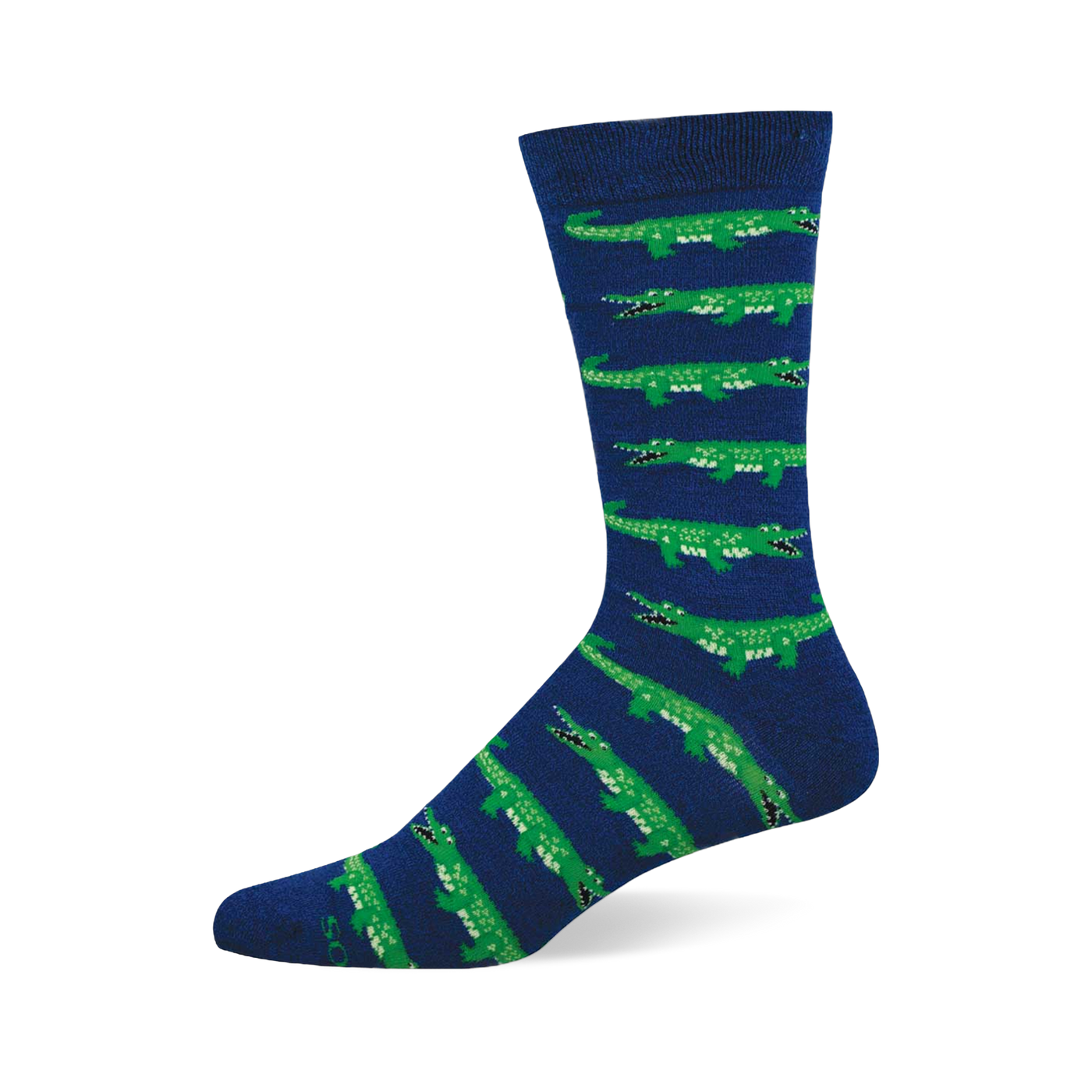 A single mid-calf sock with a navy blue base and repeating pattern of bright green alligators with open mouths and white teeth.
