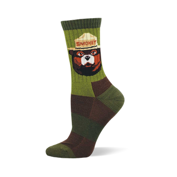 Crew sock with a Smokey Bear portrait on ribbed olive-green. Lower sock has dark green and brown checkerboard pattern.