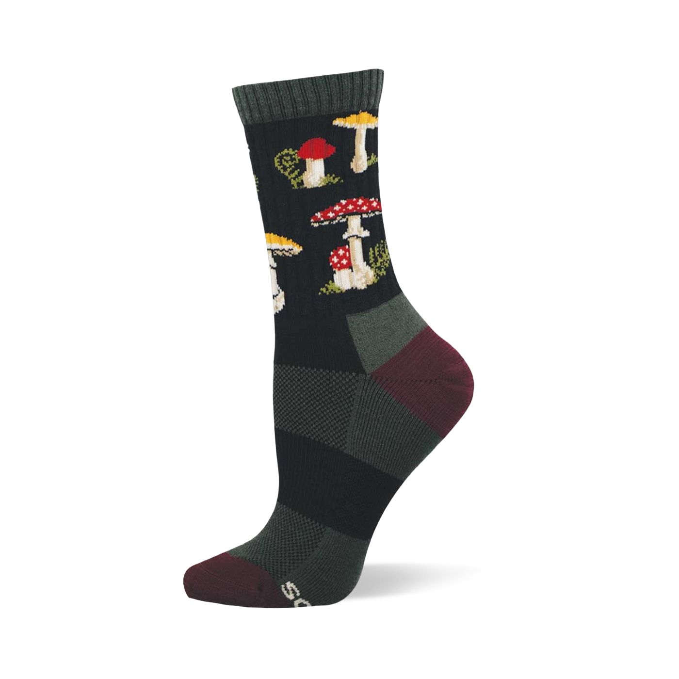 Single dark crew sock with a repeating pattern of red and white spotted mushrooms, yellow-capped mushrooms, and green foliage. Dark green cuff, burgundy heel and toe.