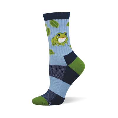Crew sock with light blue leg, green frog, green leaves. Dark blue cuff, heel, and toe with light blue and lime green color blocks.