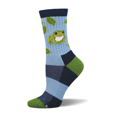 Crew sock with light blue leg, green frog, green leaves. Dark blue cuff, heel, and toe with light blue and lime green color blocks.