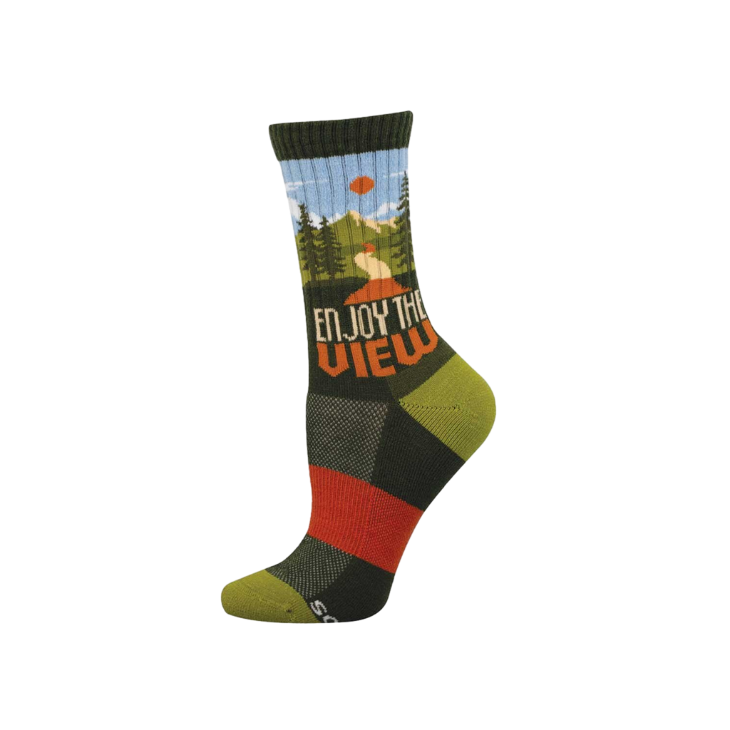 Dark green crew sock with a scenic mountain view, pine trees, blue sky, orange sun, and 'ENJOY THE VIEW' text.