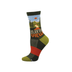 Dark green crew sock with a scenic mountain view, pine trees, blue sky, orange sun, and 'ENJOY THE VIEW' text.