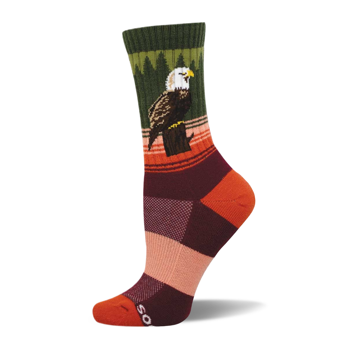 Crew sock with a bald eagle perched on a stump. Dark green cuff, green tree pattern, orange and brown stripes, color block foot.