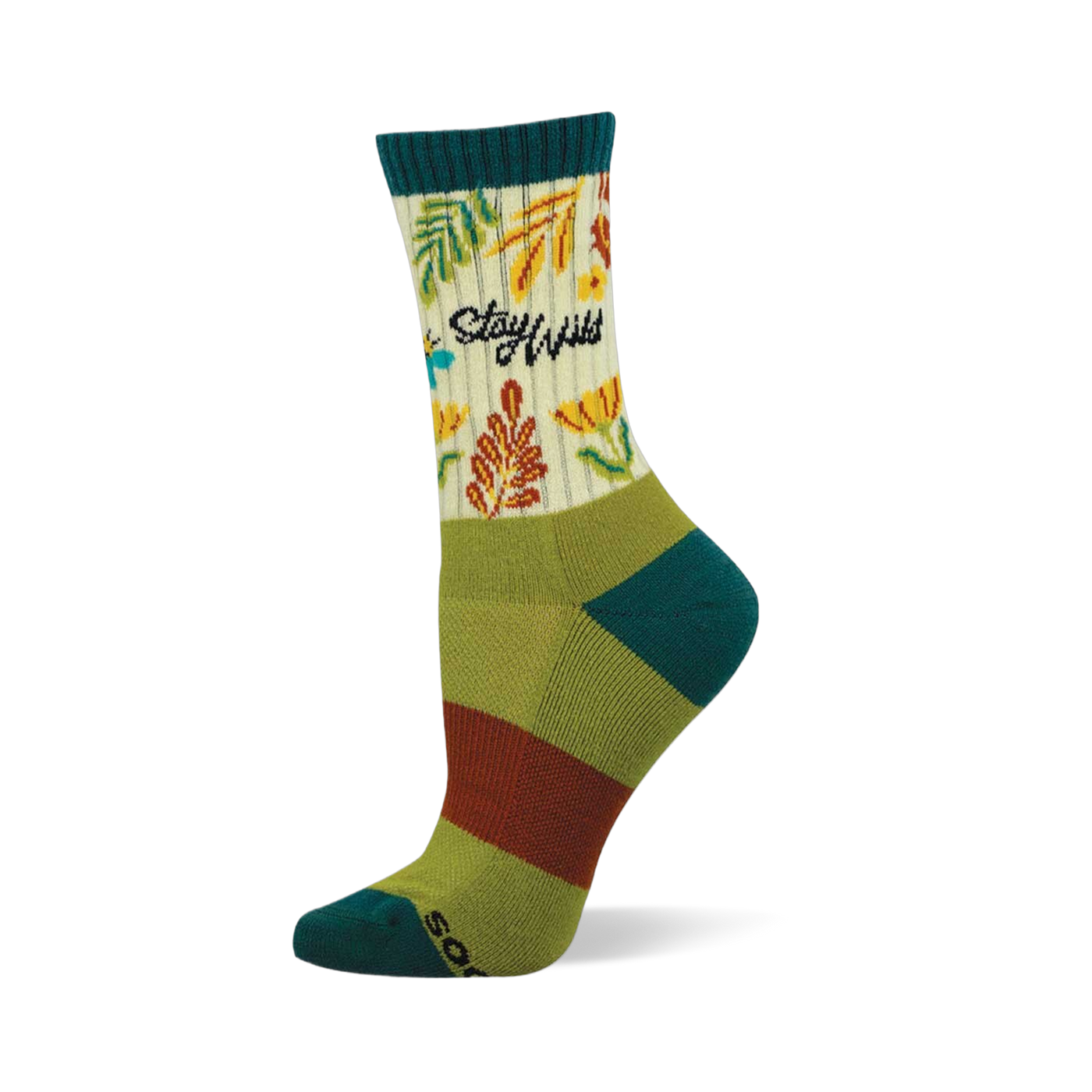 Crew sock with "Stay Wild" text, green and orange leaves, yellow flowers on a cream background. Teal cuff, heel, toe. Green/brown stripes.