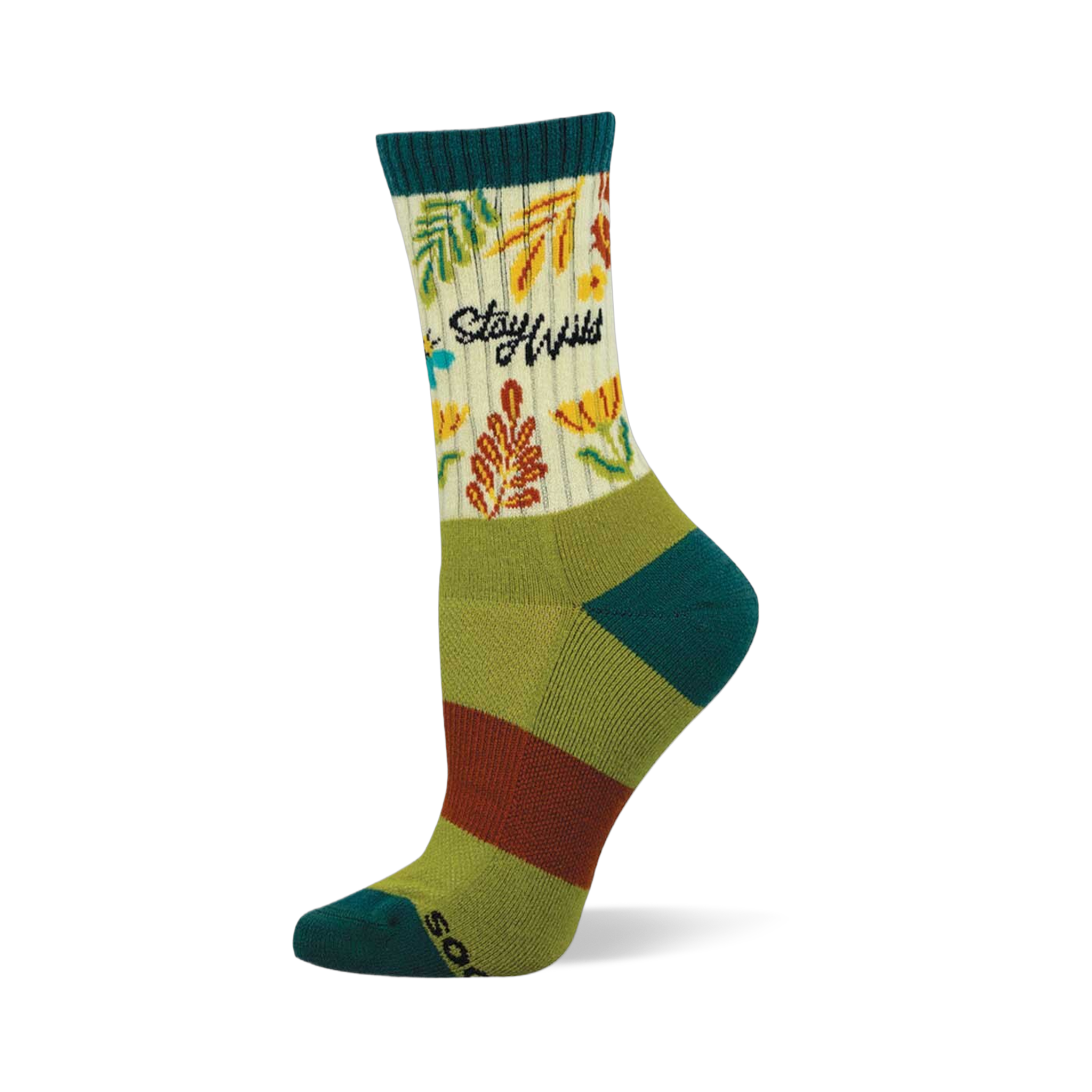 Crew sock with "Stay Wild" text, green and orange leaves, yellow flowers on a cream background. Teal cuff, heel, toe. Green/brown stripes.