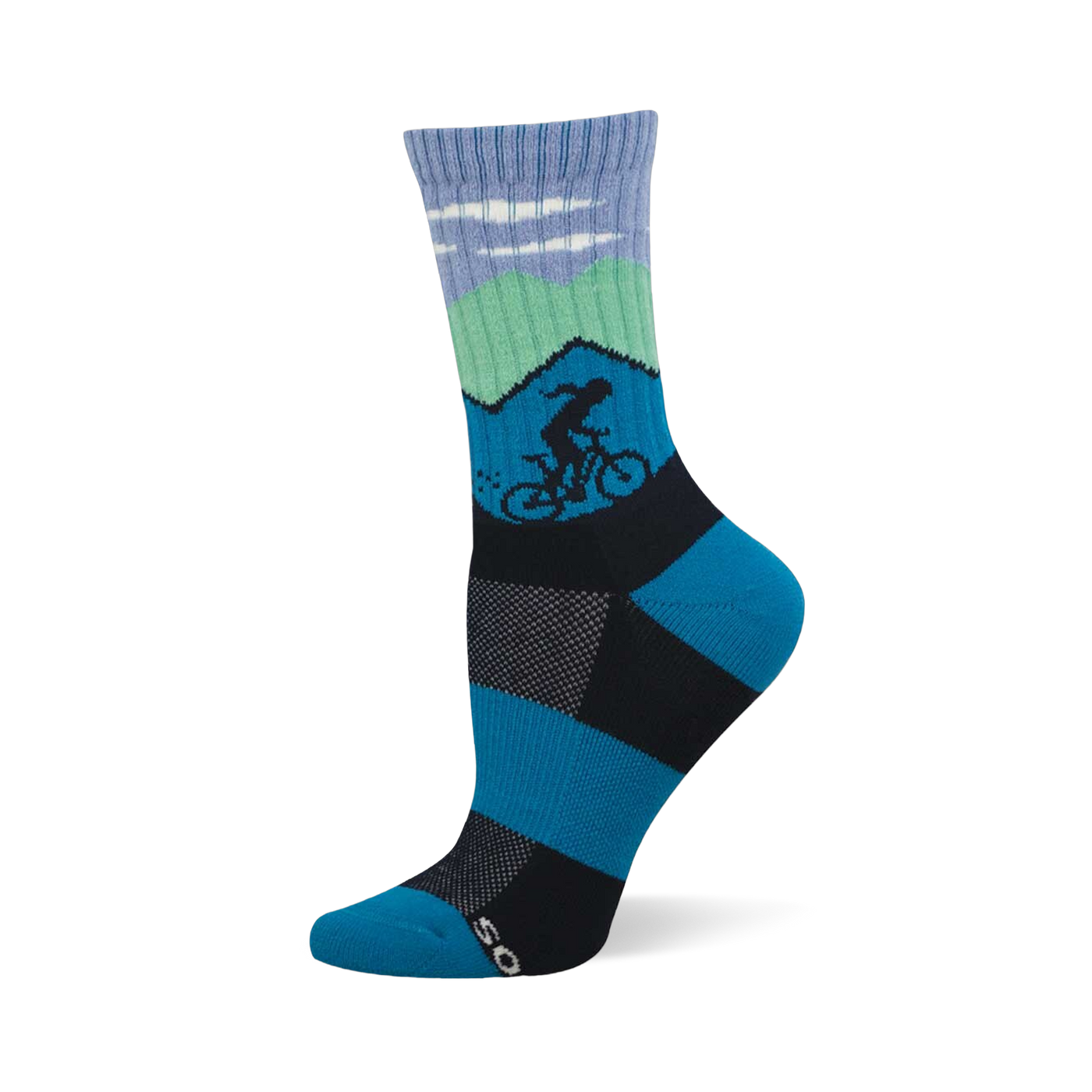 Blue and green crew sock with mountain scene, white clouds, and a dark silhouette of a cyclist. Blue and black checkerboard foot design.