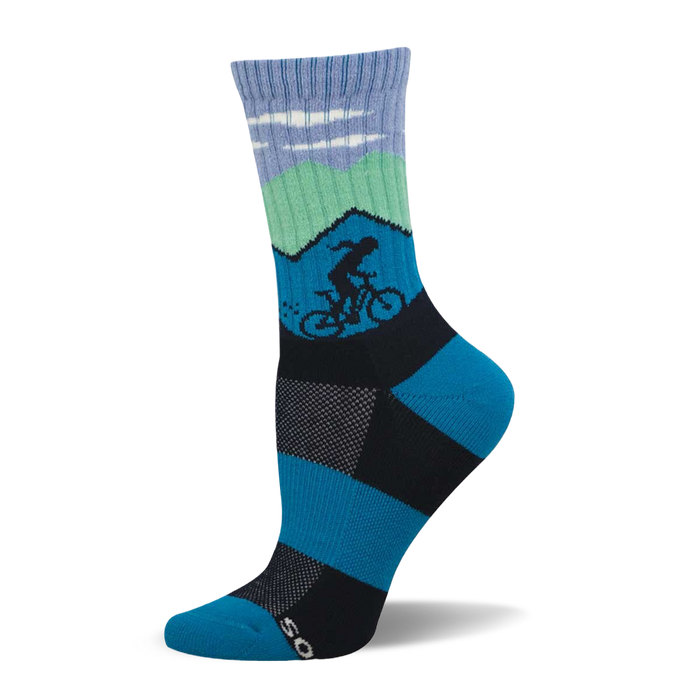 Blue and green crew sock with mountain scene, white clouds, and a dark silhouette of a cyclist. Blue and black checkerboard foot design. }}