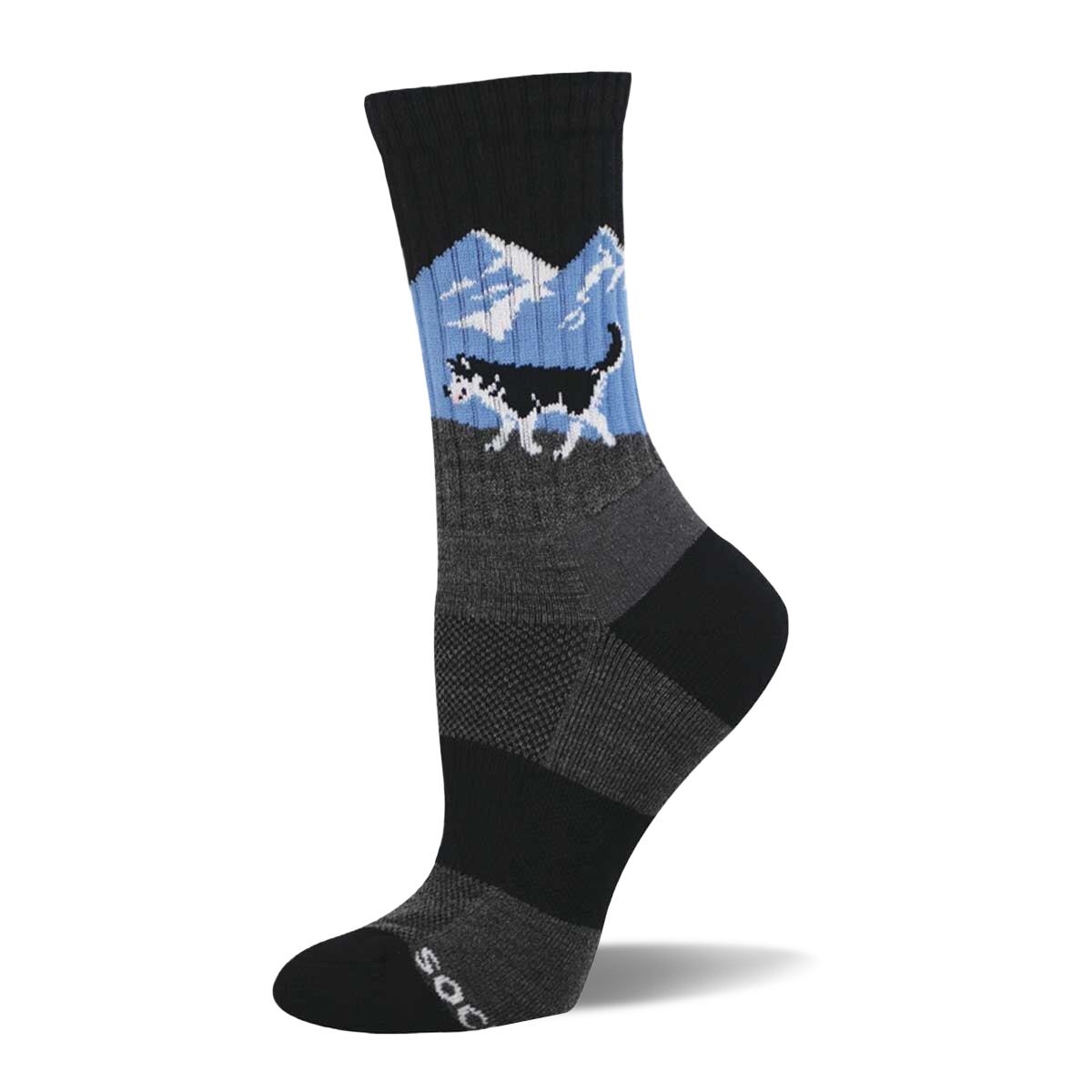A crew sock featuring a black and white husky running across a light blue background with white mountains. Grey textured mid-foot and black cuff/toe.