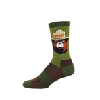 A green crew sock featuring Smokey Bear's head in a tan ranger hat with "SMOKEY" text. The sock has green and brown textured patterns.