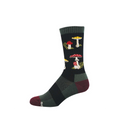 Crew sock with a dark green base featuring a pattern of red spotted and yellow cap mushrooms. Burgundy toe, olive green heel.