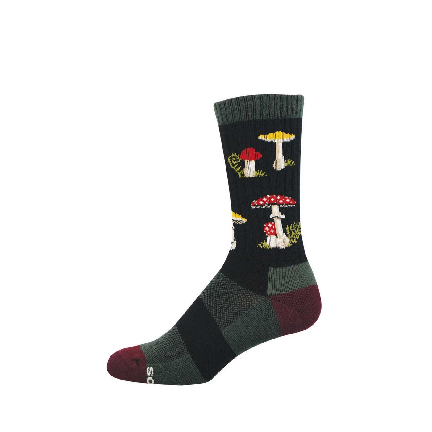 Crew sock with a dark green base featuring a pattern of red spotted and yellow cap mushrooms. Burgundy toe, olive green heel.