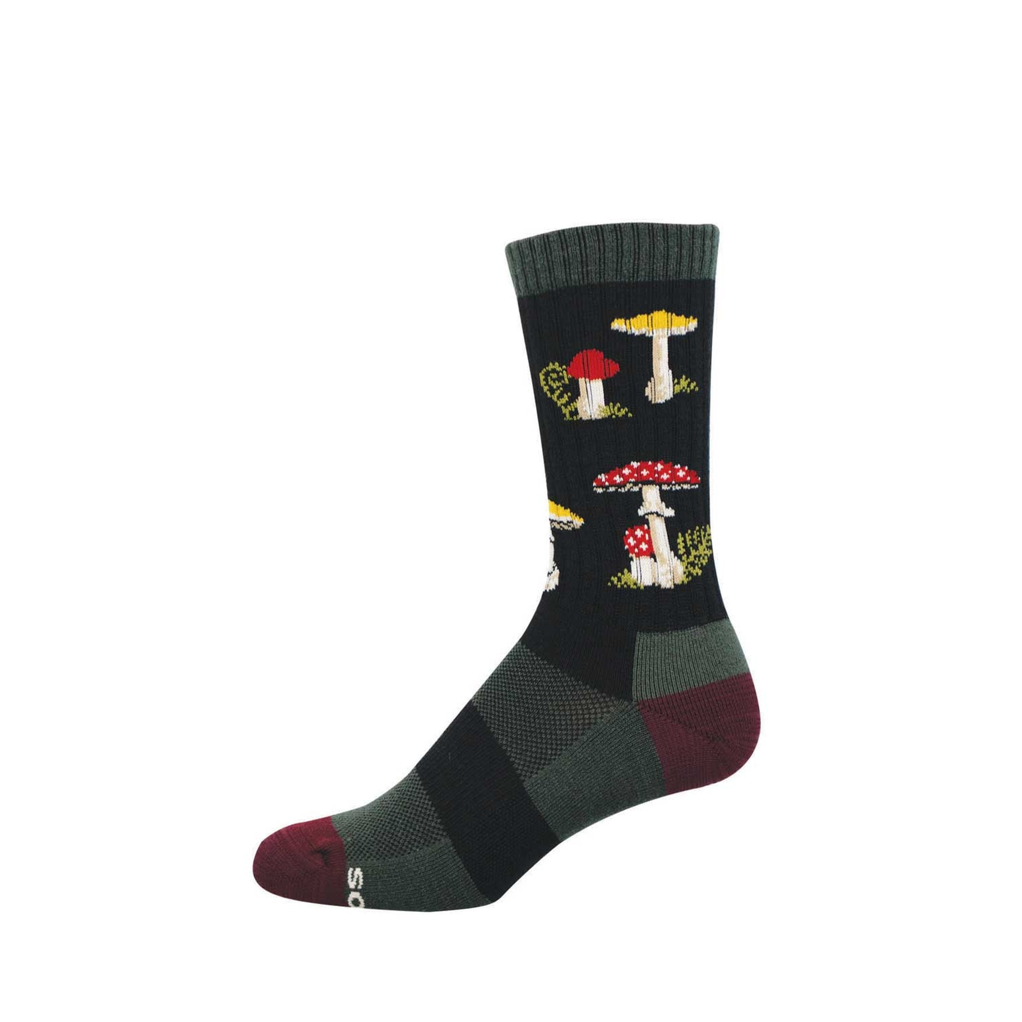 Crew sock with a dark green base featuring a pattern of red spotted and yellow cap mushrooms. Burgundy toe, olive green heel.