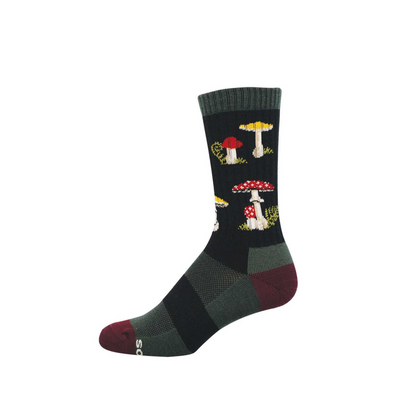Crew sock with a dark green base featuring a pattern of red spotted and yellow cap mushrooms. Burgundy toe, olive green heel.