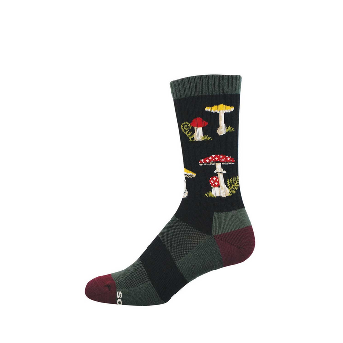 Crew sock with a dark green base featuring a pattern of red spotted and yellow cap mushrooms. Burgundy toe, olive green heel. }}