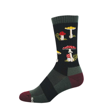 Crew sock with a dark green base featuring a pattern of red spotted and yellow cap mushrooms. Burgundy toe, olive green heel.