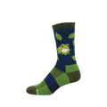 Crew-length sock with a smiling green frog and leaves on navy blue, with olive green cuff, heel, toe, and lime green accents.