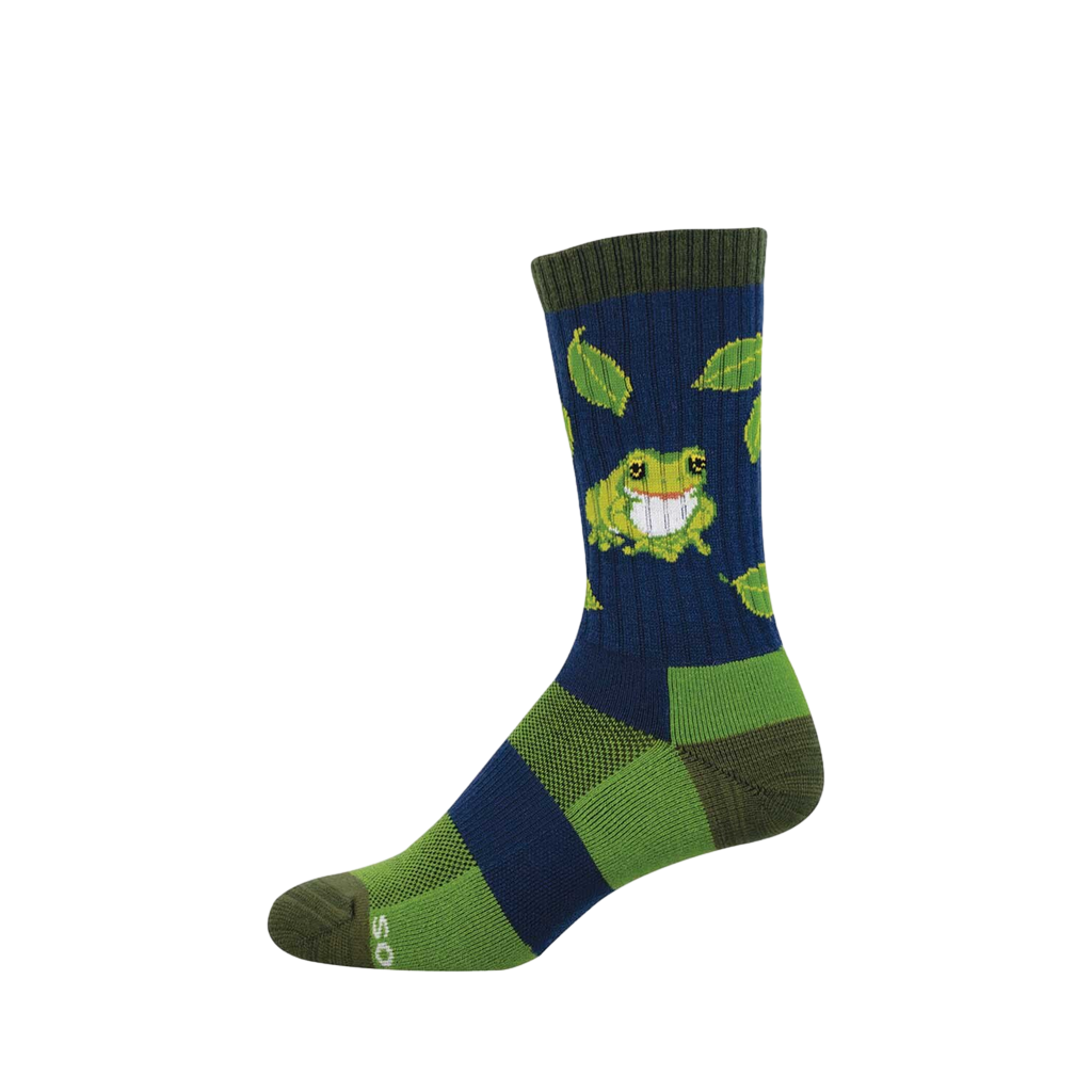Crew-length sock with a smiling green frog and leaves on navy blue, with olive green cuff, heel, toe, and lime green accents.