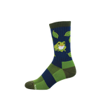 Crew-length sock with a smiling green frog and leaves on navy blue, with olive green cuff, heel, toe, and lime green accents.