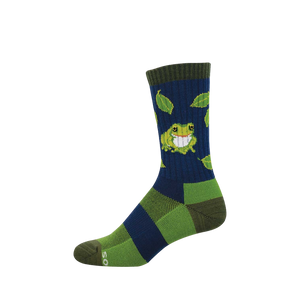 Crew-length sock with a smiling green frog and leaves on navy blue, with olive green cuff, heel, toe, and lime green accents.