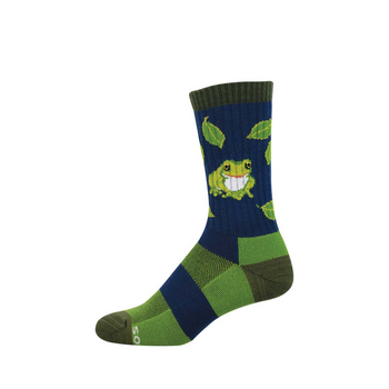 Crew-length sock with a smiling green frog and leaves on navy blue, with olive green cuff, heel, toe, and lime green accents.