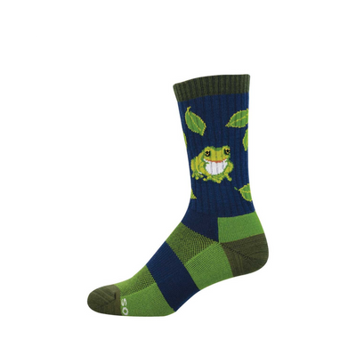 Crew-length sock with a smiling green frog and leaves on navy blue, with olive green cuff, heel, toe, and lime green accents.