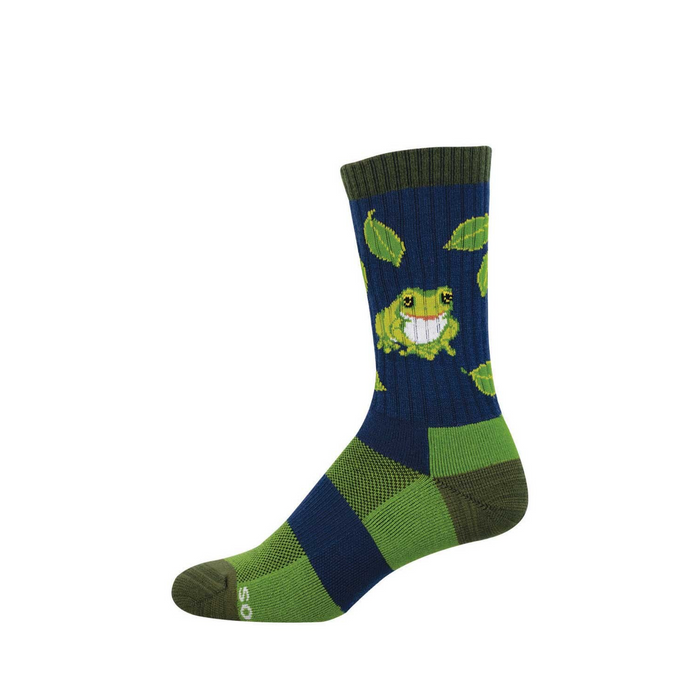 Crew-length sock with a smiling green frog and leaves on navy blue, with olive green cuff, heel, toe, and lime green accents. }}