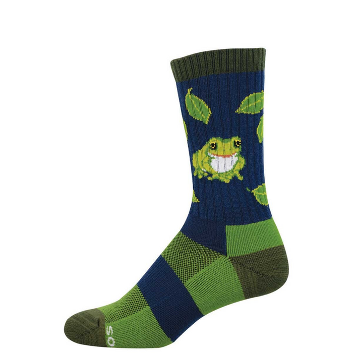 Crew-length sock with a smiling green frog and leaves on navy blue, with olive green cuff, heel, toe, and lime green accents. }}
