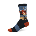 Dark navy crew socks with an outdoor mountain landscape scene, pine trees, and 'Enjoy The View' text. Rust orange toe and heel.