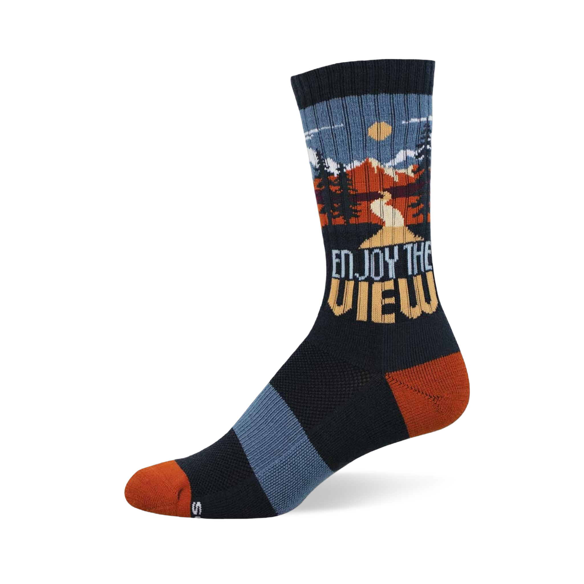 Dark navy crew socks with an outdoor mountain landscape scene, pine trees, and 'Enjoy The View' text. Rust orange toe and heel.