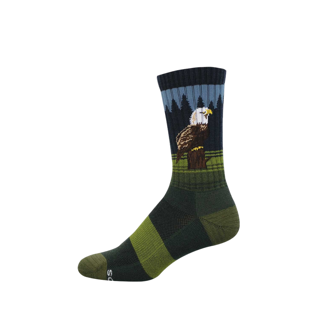 Crew sock with a bald eagle perched on a stump, dark pine trees, and blue sky. Green and dark green stripes on foot.