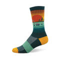 Crew sock with a sunset and Loch Ness Monster design. Orange sun, teal water, dark green trees, yellow heel/toe, checkered foot.