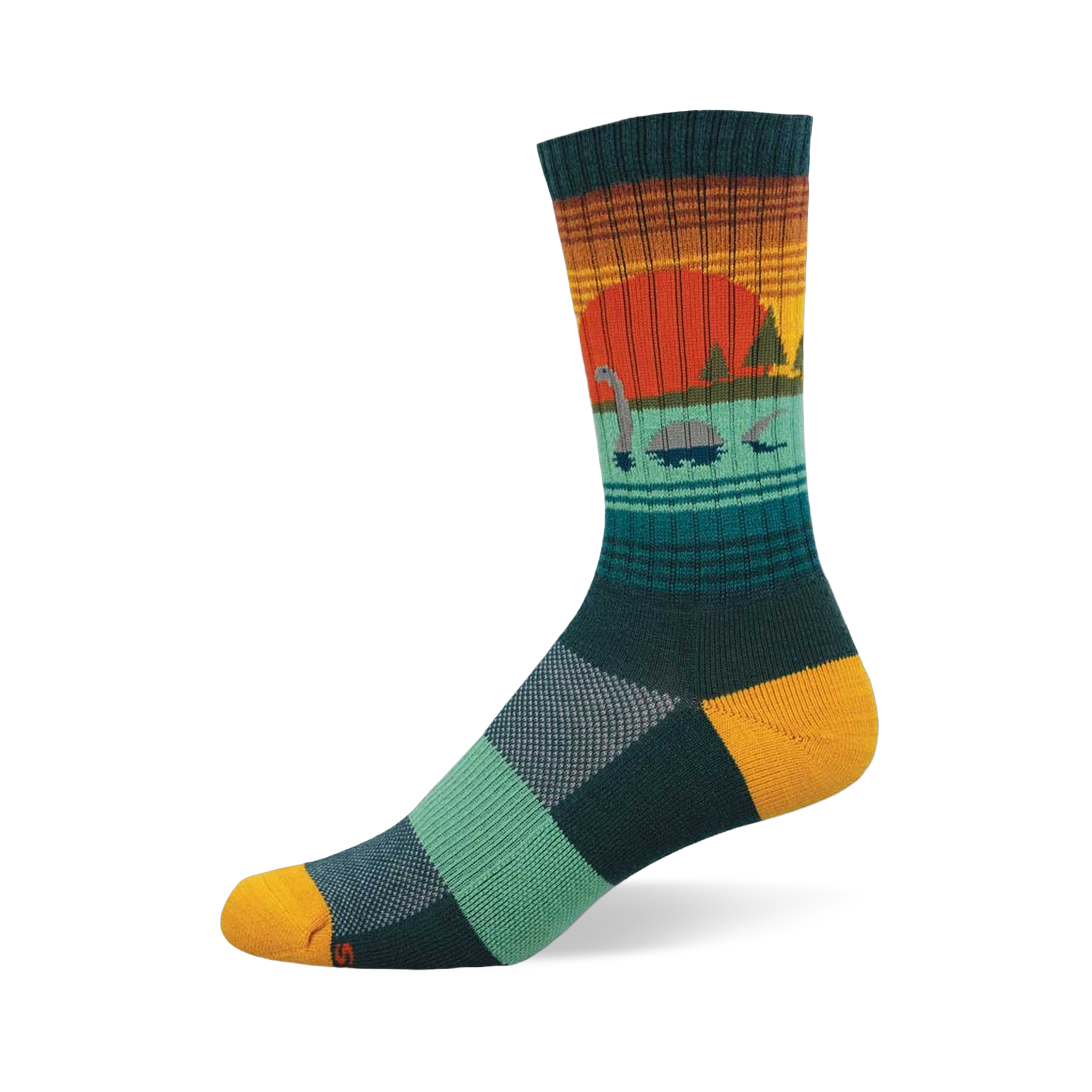 Crew sock with a sunset and Loch Ness Monster design. Orange sun, teal water, dark green trees, yellow heel/toe, checkered foot.