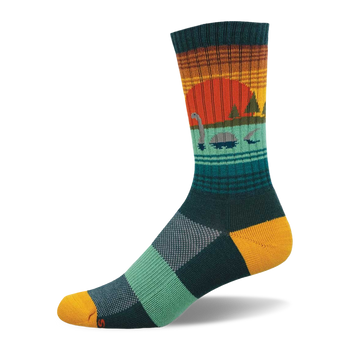 Crew sock with a sunset and Loch Ness Monster design. Orange sun, teal water, dark green trees, yellow heel/toe, checkered foot.