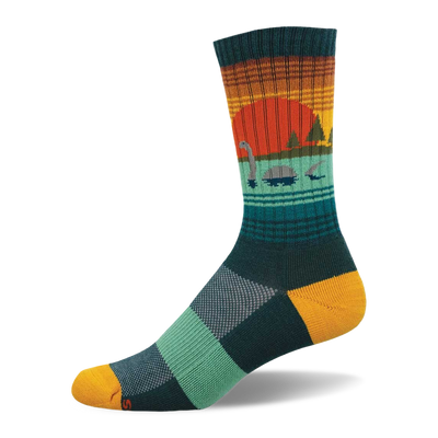 Crew sock with a sunset and Loch Ness Monster design. Orange sun, teal water, dark green trees, yellow heel/toe, checkered foot.