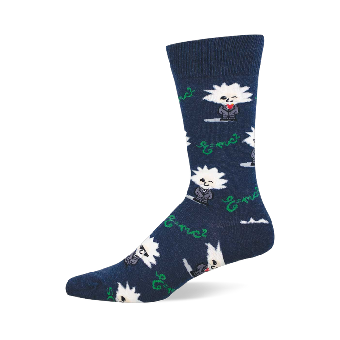 Navy sock with winking Bitmoji-style Einstein characters wearing suits and E=mc² equations in green. }}