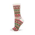 Cream fair isle crew sock with red apple and green tree patterns, alongside brown, red, and pink geometric designs.