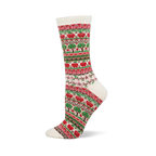 Cream fair isle crew sock with red apple and green tree patterns, alongside brown, red, and pink geometric designs.
