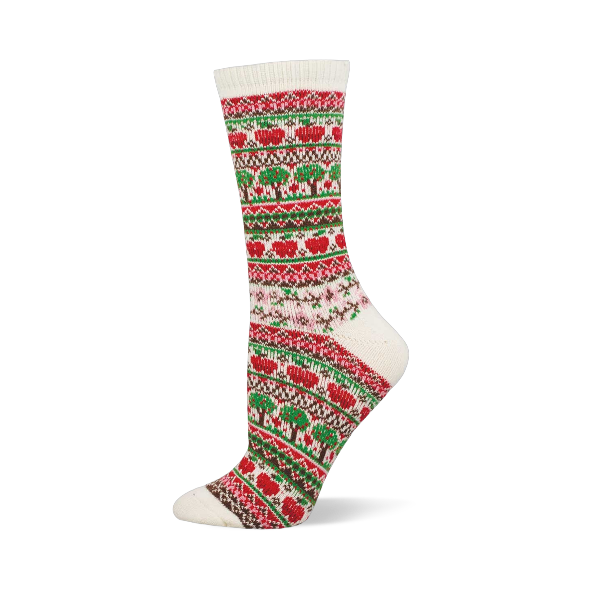 Cream fair isle crew sock with red apple and green tree patterns, alongside brown, red, and pink geometric designs.