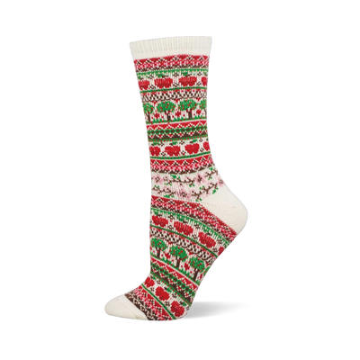 Cream fair isle crew sock with red apple and green tree patterns, alongside brown, red, and pink geometric designs.