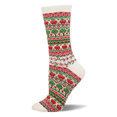 Cream fair isle crew sock with red apple and green tree patterns, alongside brown, red, and pink geometric designs.