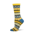 A single crew sock with a yellow and blue Fair Isle pattern, featuring small bee and honeycomb shapes in white and black.