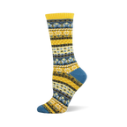 A single crew sock with a yellow and blue Fair Isle pattern, featuring small bee and honeycomb shapes in white and black.