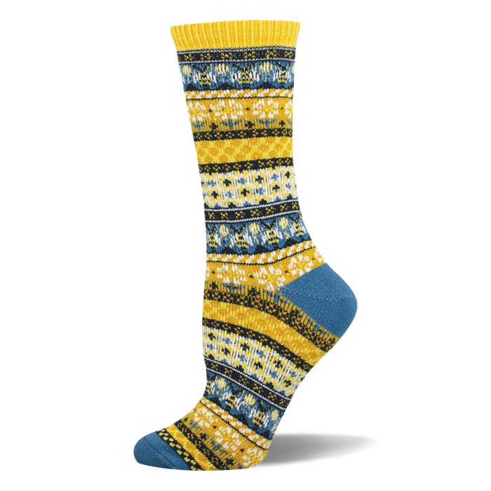 A single crew sock with a yellow and blue Fair Isle pattern, featuring small bee and honeycomb shapes in white and black. }}