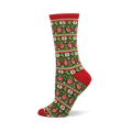 Crew sock with red cuff, heel, and toe. Main body is dark green with rows of red strawberries and white seeds, interspersed with geometric patterns.