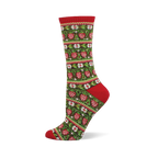Crew sock with red cuff, heel, and toe. Main body is dark green with rows of red strawberries and white seeds, interspersed with geometric patterns.