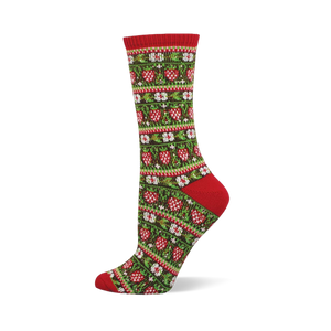 Crew sock with red cuff, heel, and toe. Main body is dark green with rows of red strawberries and white seeds, interspersed with geometric patterns.