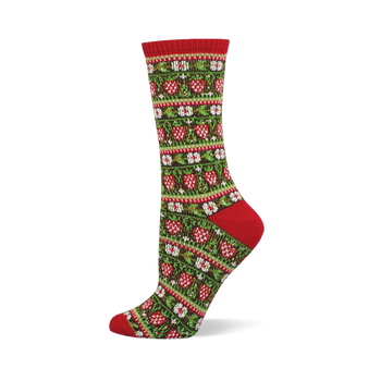 Crew sock with red cuff, heel, and toe. Main body is dark green with rows of red strawberries and white seeds, interspersed with geometric patterns.