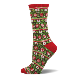 Crew sock with red cuff, heel, and toe. Main body is dark green with rows of red strawberries and white seeds, interspersed with geometric patterns.