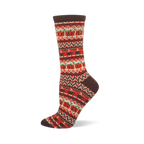 Cozy Pumpkin Spice Is Nice sock featuring a colorful Fair Isle knit pattern in autumnal red, orange, brown, and green.